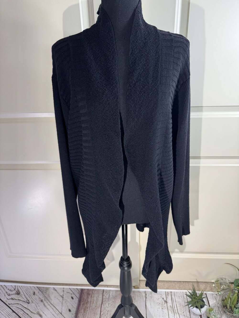 Eileen Fisher Women's Black 100% Wool Draped Open-Front Ribbed Cardigan XL